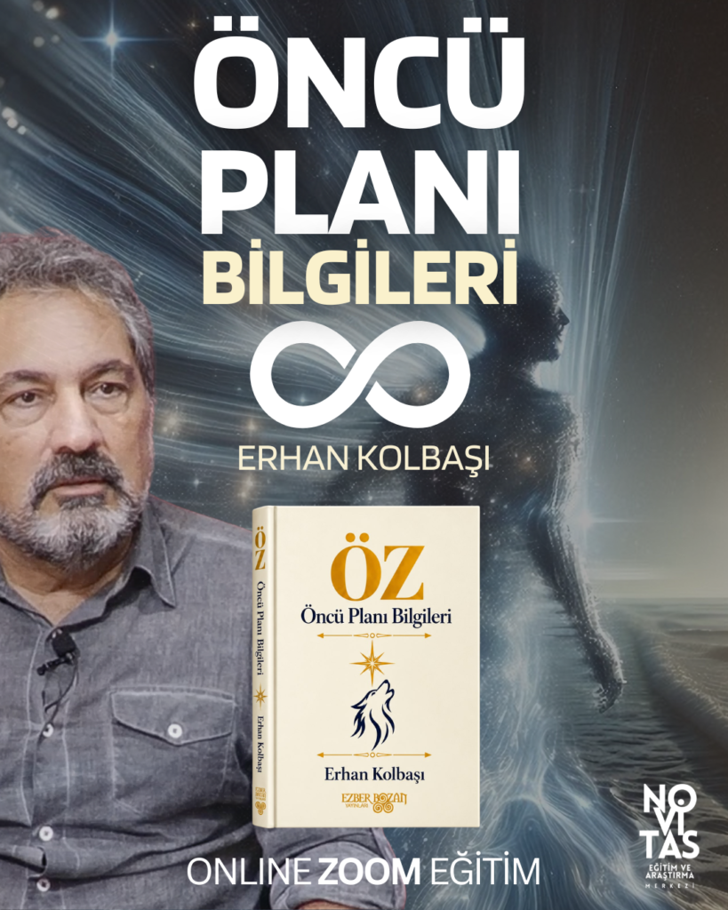 Promotional poster for an online Zoom training: 'Öncü Planı Bilgileri' by Erhan Kolbaşı, featuring the author’s photo, the book cover, and an infinity symbol.