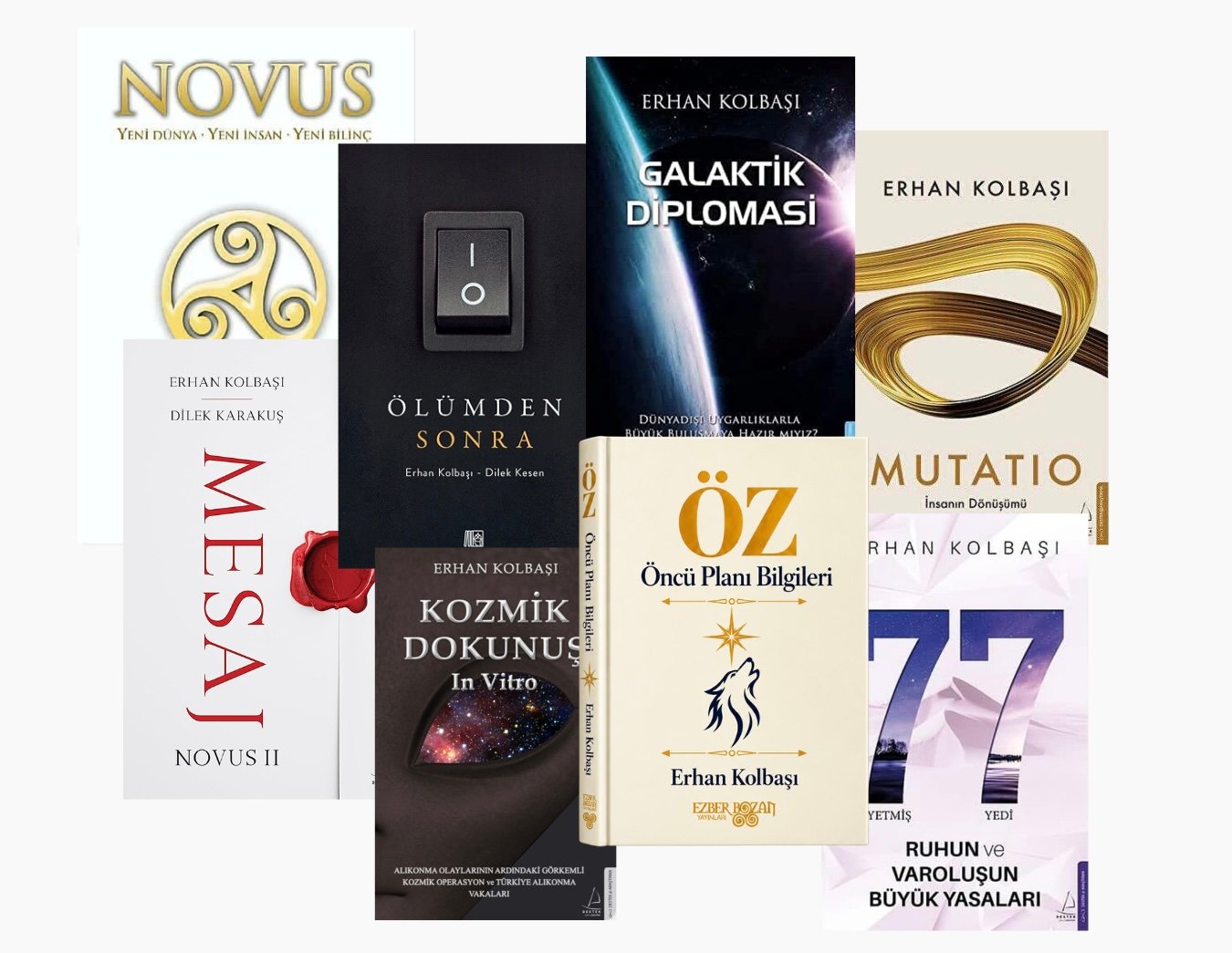 EĞİTİM TAKVİMİ VE PROGRAM Collage of several book covers by Erhan Kolbaşı, including titles like Kozmik Dokunuş, Galaktik Diplomasi, Mutatio, Novus II and ÖNcü Planı Bilgileri.