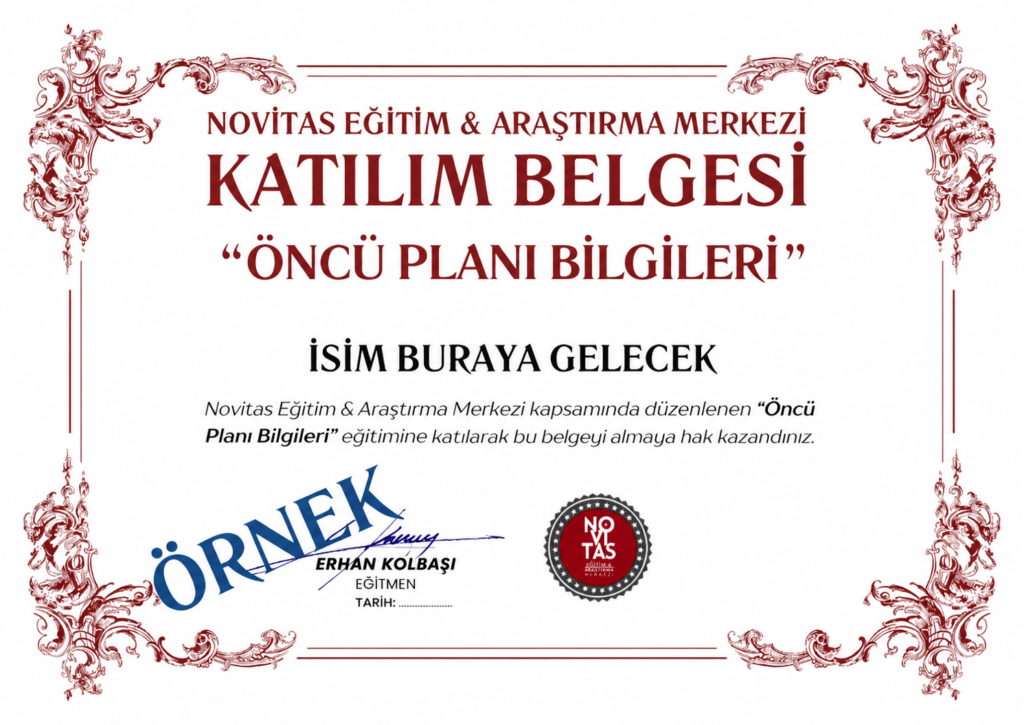 Turkish participation certificate with ornate red borders and large 'KATILIM BELGESİ' text; placeholder for name, 'İSİM BURAYA GELECEK', and logos/seal at bottom.